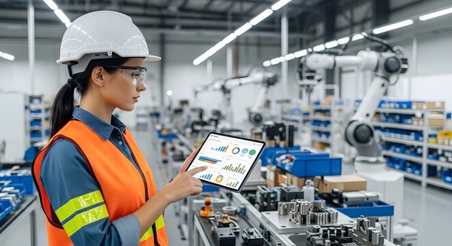 Woman analyzing data on tablet in modern factory setting