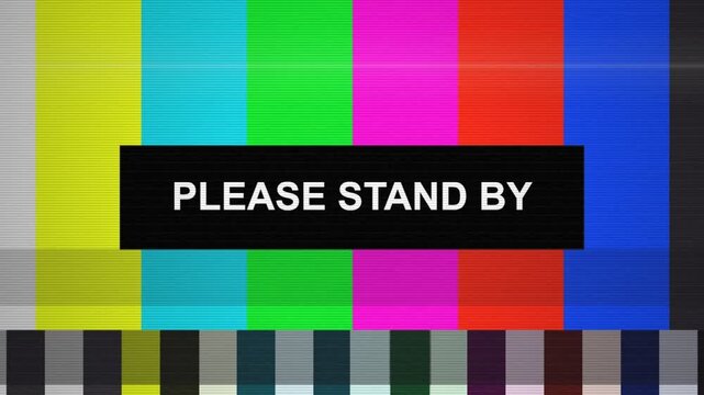 Retro analog television test pattern with color bars and please stand by text featuring static noise.
