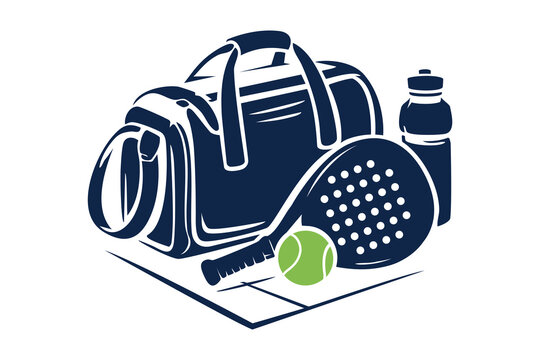 Modern padel illustration featuring racket, sports bag, ball, and water bottle representing fitness, activity, and training essentials. Clean design ideal for sports branding and lifestyle themes.