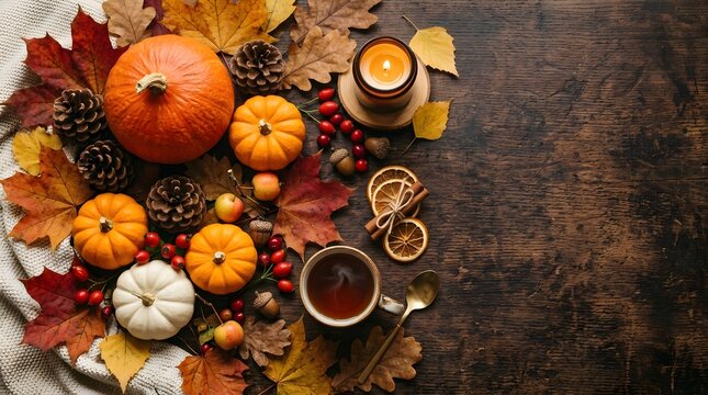 Displays autumn decorative items including pumpkins leaves and candles. Suitable for fallthemed designs, seasonal promotions, social media posts, and greeting cards.