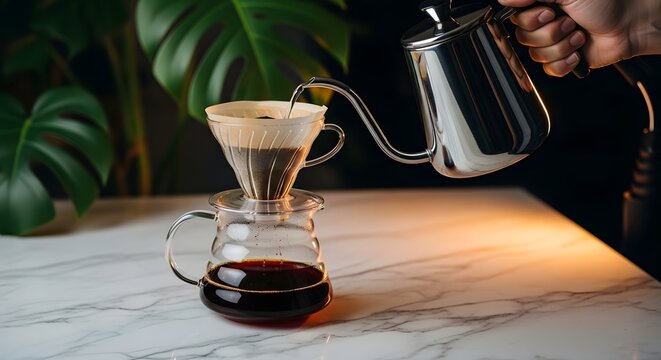Close-up of a person pouring hot water into a pour-over coffee maker on a marble countertop with a plant in the background.