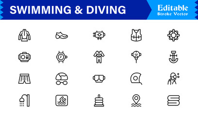 Swimming And Diving Line Icon Set – Modern, Minimal, Editable Vector Collection for Professional and High-Quality Design Projects © MDSalim