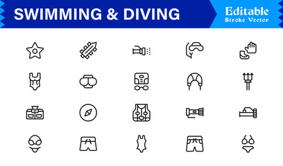 Swimming And Diving Line Icon Set – Modern, Minimal, Editable Vector Collection for Professional and High-Quality Design Projects © MDSalim