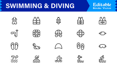 Swimming And Diving Line Icon Set – Modern, Minimal, Editable Vector Collection for Professional and High-Quality Design Projects © MDSalim