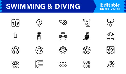Swimming And Diving Line Icon Set – Modern, Minimal, Editable Vector Collection for Professional and High-Quality Design Projects © MDSalim