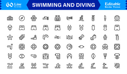 Swimming And Diving Line Icon Set – Modern, Minimal, Editable Vector Collection for Professional and High-Quality Design Projects © MDSalim