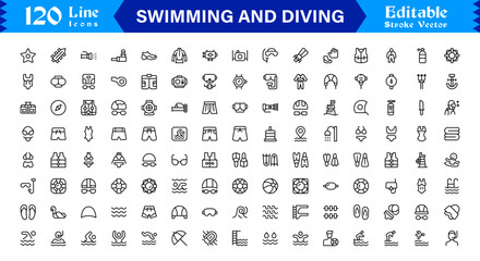 Swimming And Diving Line Icon Set – Modern, Minimal, Editable Vector Collection for Professional and High-Quality Design Projects © MDSalim