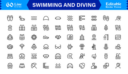 Swimming And Diving Line Icon Set – Modern, Minimal, Editable Vector Collection for Professional and High-Quality Design Projects © MDSalim