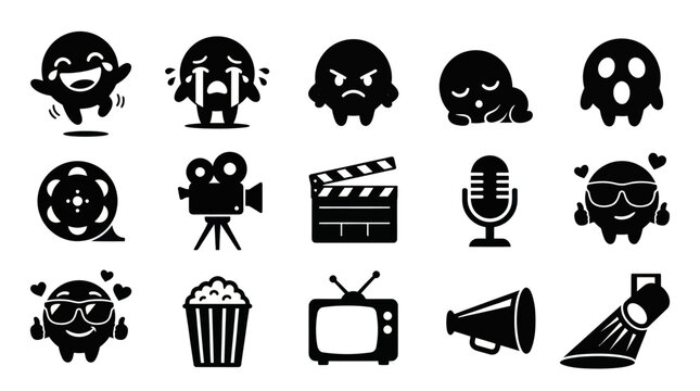 Cinema Movie Icons Set Black and White Glyph Style