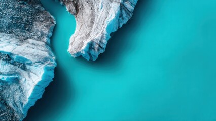 Fototapeta premium Breathtaking aerial view of a vibrant turquoise glacial lake meeting rugged ice formations