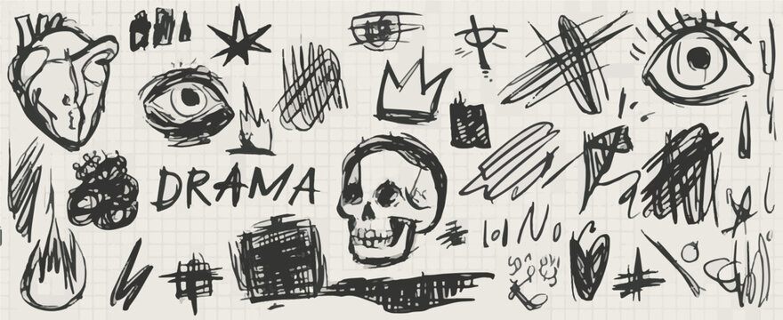 Dark Doodle Art Collage with Skull and Eye and Text
