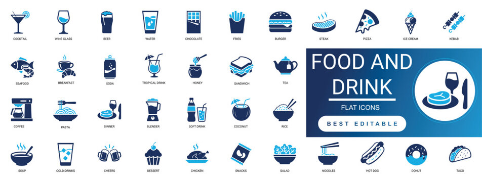 Food and Drink Icon Set. Restaurant, Cafe, Menu, Beverage, Meal, Dining, Kitchen, Cooking, Fast Food, Nutrition. Editable  Solid Vector Illustration Pack.