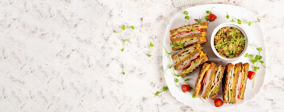 Healthy Homemade Sandwich Meal with Avocado Dip Top View. Flat lay