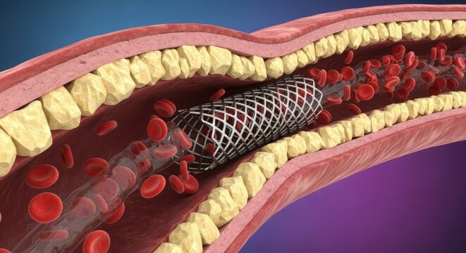Medical illustration of stent in blood vessel with flowing blood cells