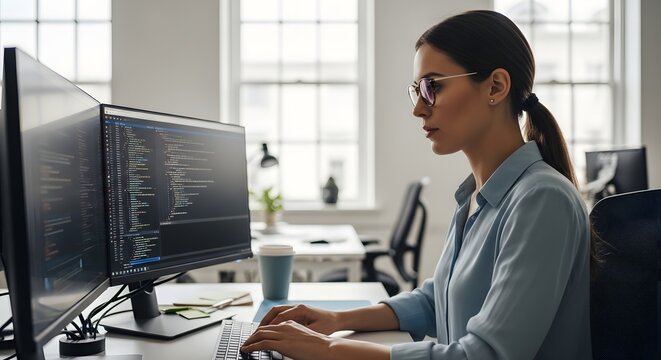 Young Professional Woman Coding Software Design in Modern Office