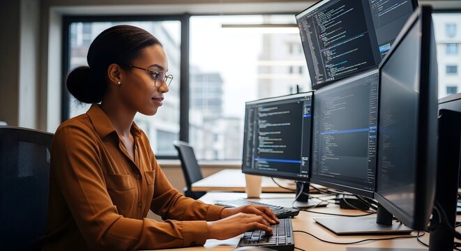 Young professional woman working on coding at modern office
