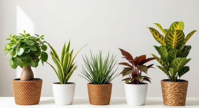 Collection of five different indoor houseplants in decorative pots arranged in a row against a white wall