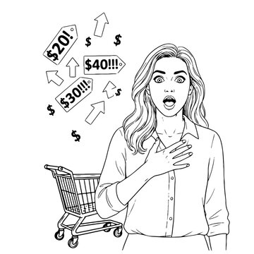 Surprised female consumer overwhelmed by escalating dollar amounts ideal for inflation economics financial literacy and consumer awareness content