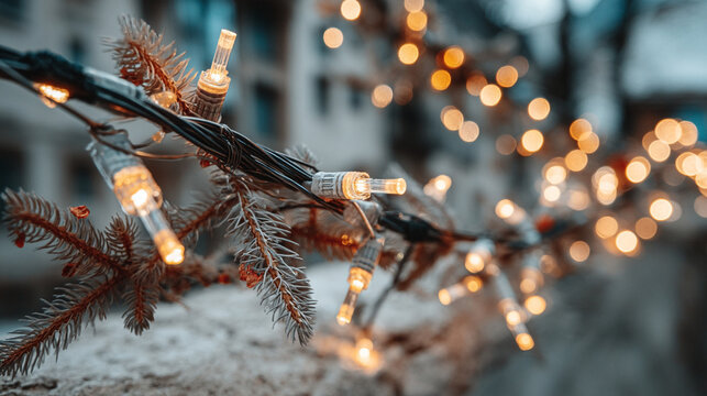 Close-up of pine branches with warm orange christmas lights and bokeh background, pine branch