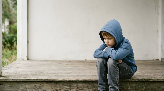 A Young Boy in a Blue Hoodie Sits Alone on a Wooden Porch, Looking Downcast and Sad
