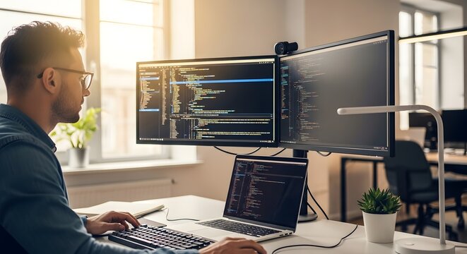 Young Programmer Coding on Multiple Monitors at Home Office
