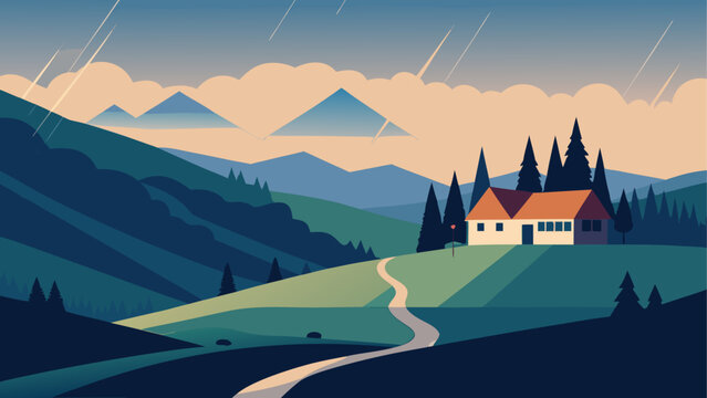 Fairytale castle on mountain road at sunrise with snowy peaks