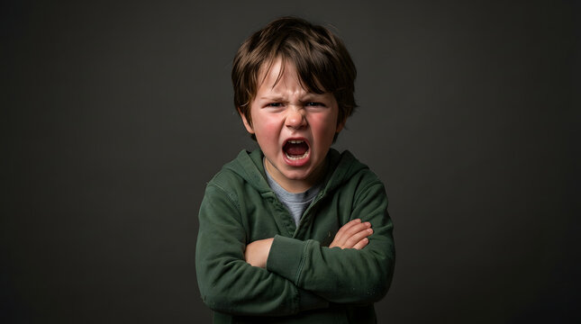 Furious young boy with arms crossed, looking angry and shouting with his mouth open wide