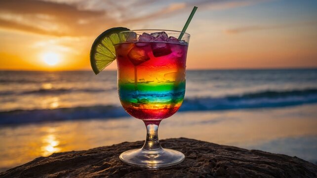 Rainbow cocktail on beach at sunset drink