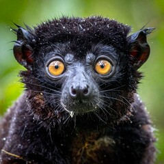 Fototapeta premium Close-up of a lemur with bright orange eyes, dark fur, and attentive expression in its natural habitat with blurred green foliage