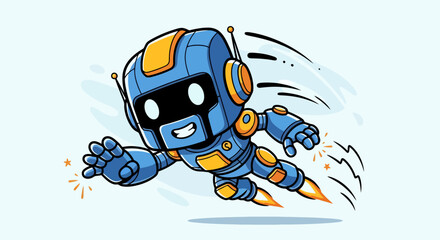Fototapeta premium Cute Blue Robot Flying with Jet Boots.