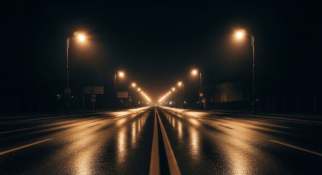Empty Wet Urban Road at Night With Reflections.