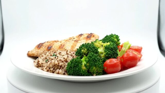 Minimal clean diet food composition rotating slowly on white background