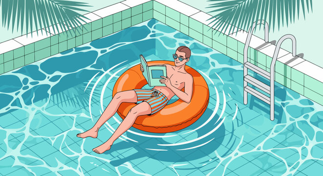 Man working on laptop while relaxing on inflatable ring in swimming pool.