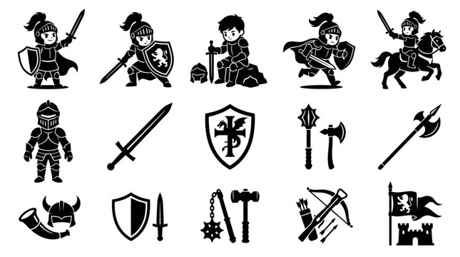 Medieval Knight Warfare Black  White Glyph Icons Set with Weapons and Armor