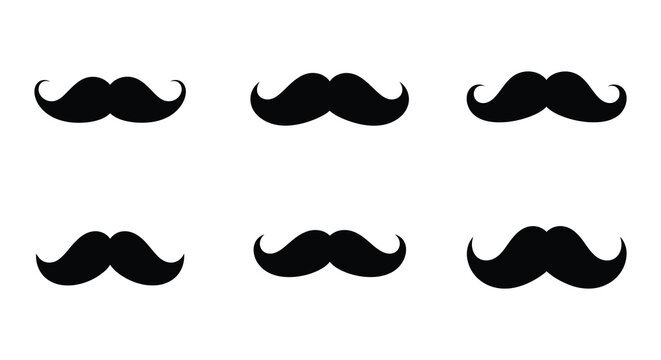 Six black mustache silhouettes on a white background