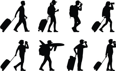 Fototapeta premium Silhouettes of diverse travelers walking with luggage, surfboard, and accessories representing tourism and adventure lifestyle