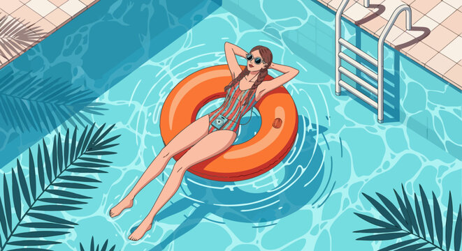 Woman relaxing on an inflatable ring in a swimming pool.