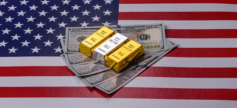 Gold and silver bullion or ingots as metals for bank storage, investments. Gold and silver bars