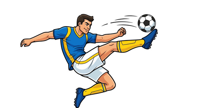 Soccer player in action, kicking the ball mid-air with a dynamic pose and determined expression, illustrating the sport's excitement and athleticism