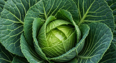 Obraz premium Fresh green cabbage head with water droplets