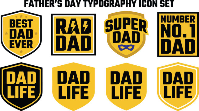 Father's Day Typography Icon Set with Bold Rad Dad and Super Dad Shield Badges
