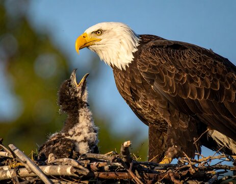 Close-up of a bald eagle and a young eaglet in a nest with a clear blue sky. The baby bird has an open beak