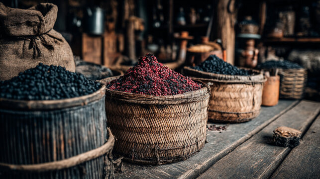Baskets of spices and dried berries in a market with spice trade spice mix spice rack seasoning