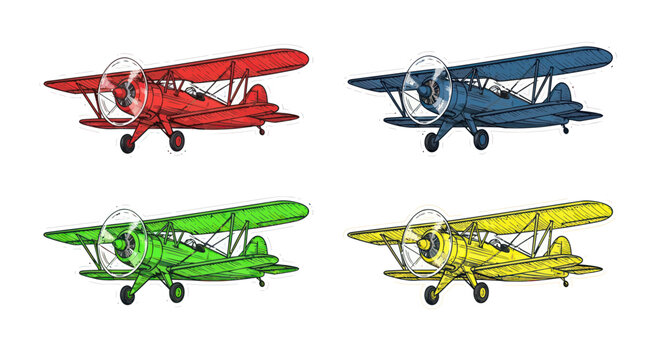 Four Colorful Biplane Airplanes in a Row