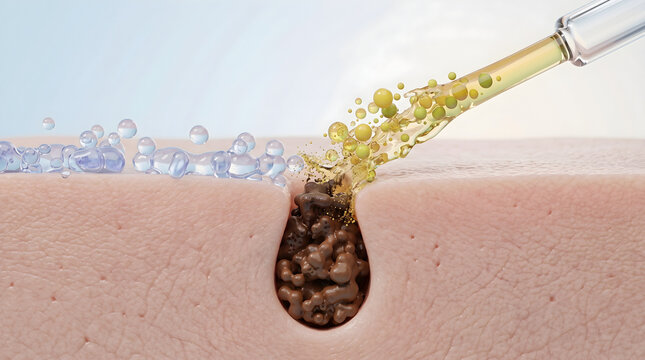 Cleansing oil penetrates pores to remove impurities and promote healthy clear skin. 3D rendering.