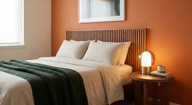 A cozy bedroom with a bed made with white linens and a dark green throw blanket, a wooden headboard, and a bedside table with a lamp and books.