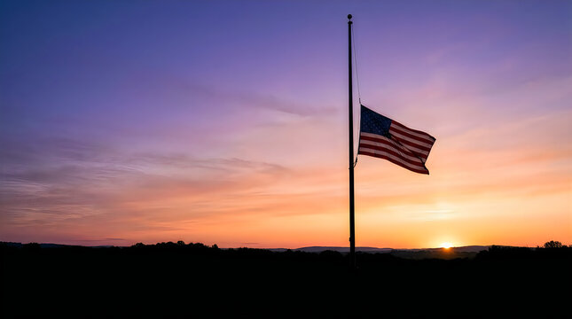 American flag at half mast during sunset