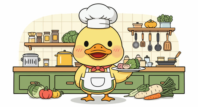 Adorable cartoon duck chef holding a plate of fresh vegetables.