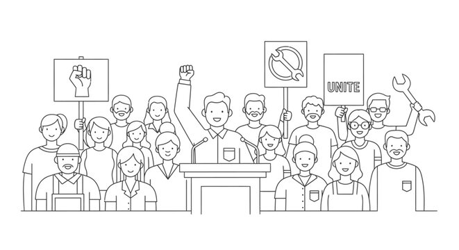 A diverse group of people protesting with signs and raised fists in a line drawing style on a white background with a bold and activist mood.