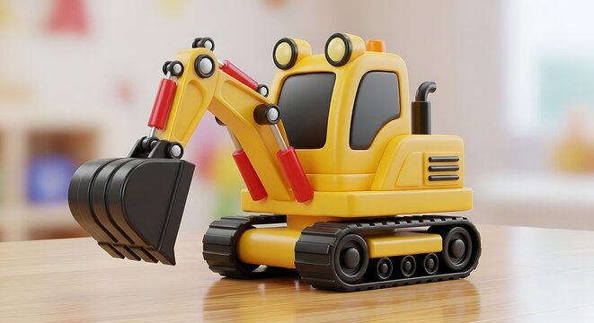 Toy excavator on wooden surface indoors.